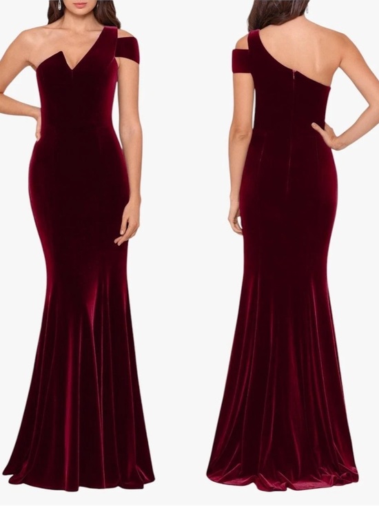 Betsy & Adam Dresses & Skirts - Betsy & Adam Ella Velvet One-Shoulder Gown Maxi Dress Lined Burgundy Size 16